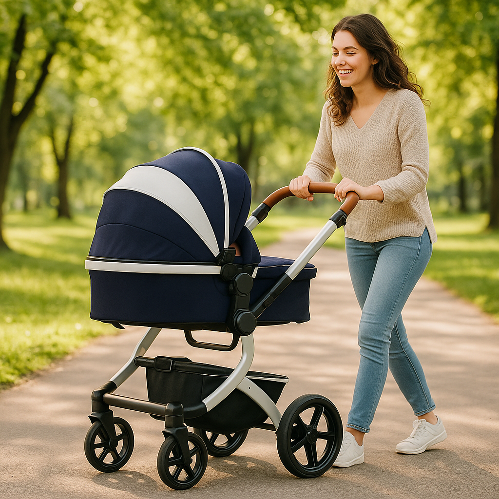 femme promenant une poussette bleu marine au parc.