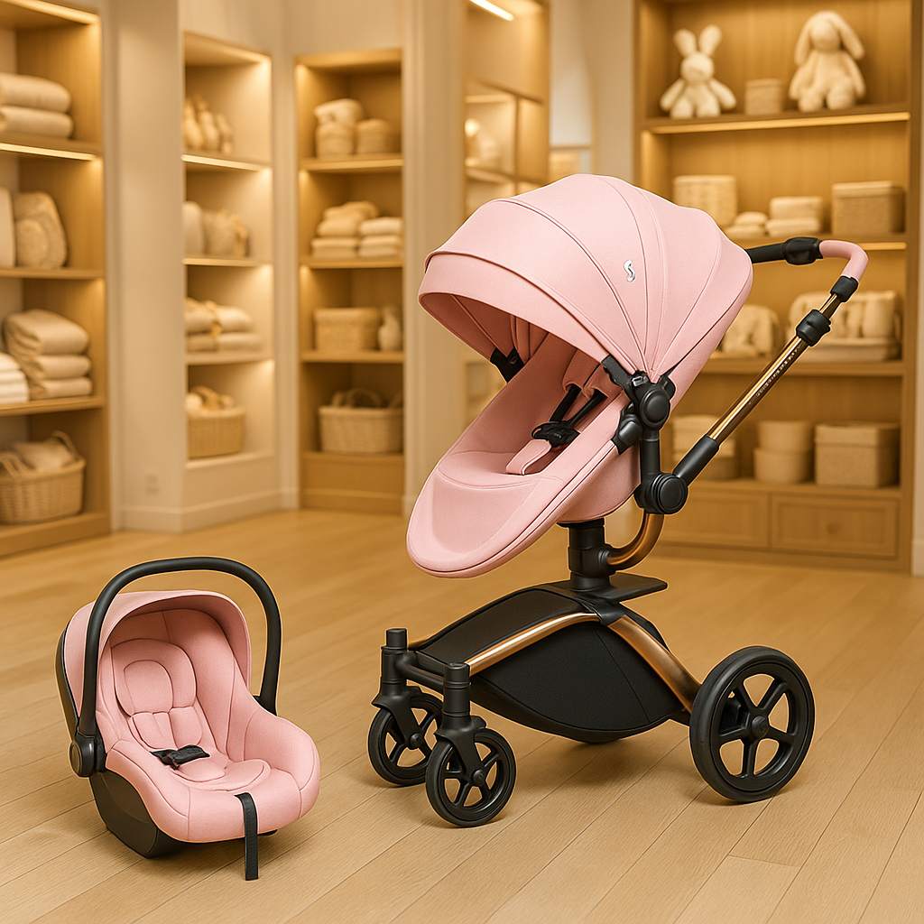 poussette compacte rose avec châssis doré et siège auto assorti dans une boutique bébé.