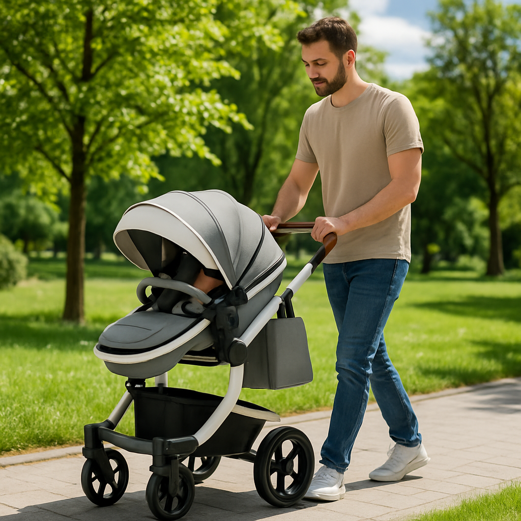 Père promenant un bébé dans une poussette compacte 3 en 1 haute paysage de couleur grise dans un parc verdoyant.