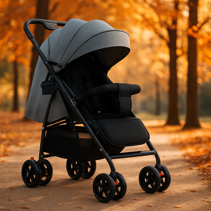 Poussette pour voyage pliable, design moderne gris, pratique pour les déplacements.