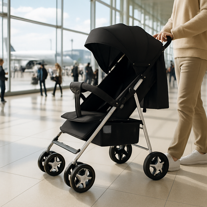 Poussette de voyage couleur noire, idéale pour les parents voyageurs.