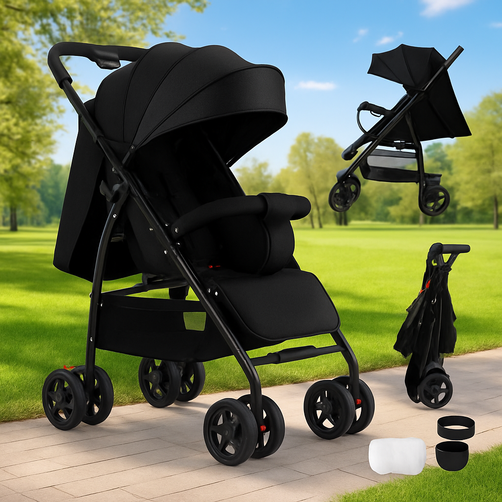 Poussette de voyage noire ultra légère, facile à plier et à transporter pour bébé.