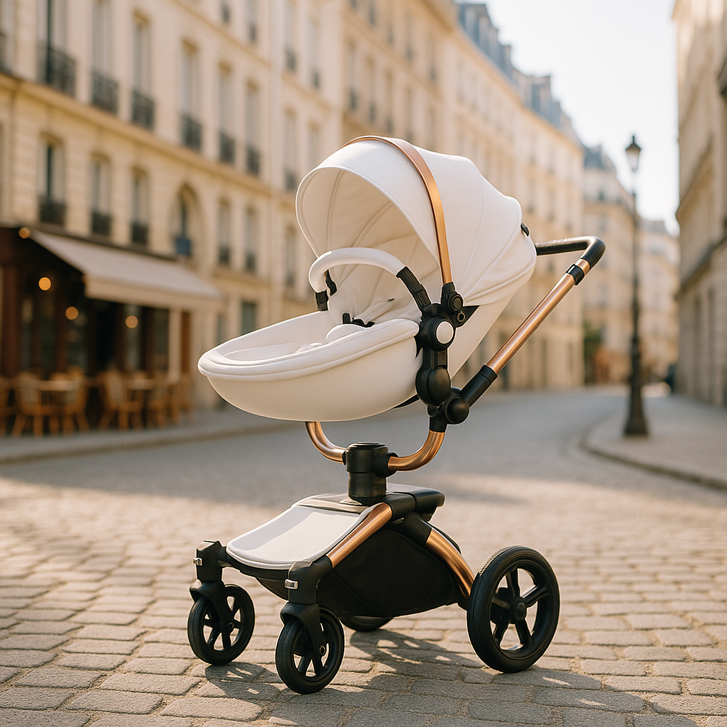 Poussette bébé de luxe blanche avec cadre doré, placée sur une rue pavée d’une ville élégante, devant des bâtiments parisiens.
