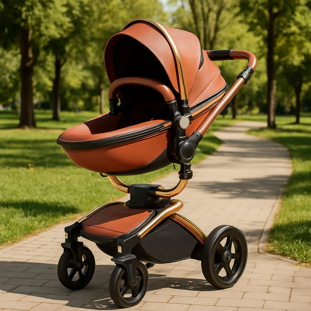 Poussette bébé de luxe en cuir marron avec cadre doré, placée sur une allée pavée dans un parc verdoyant.