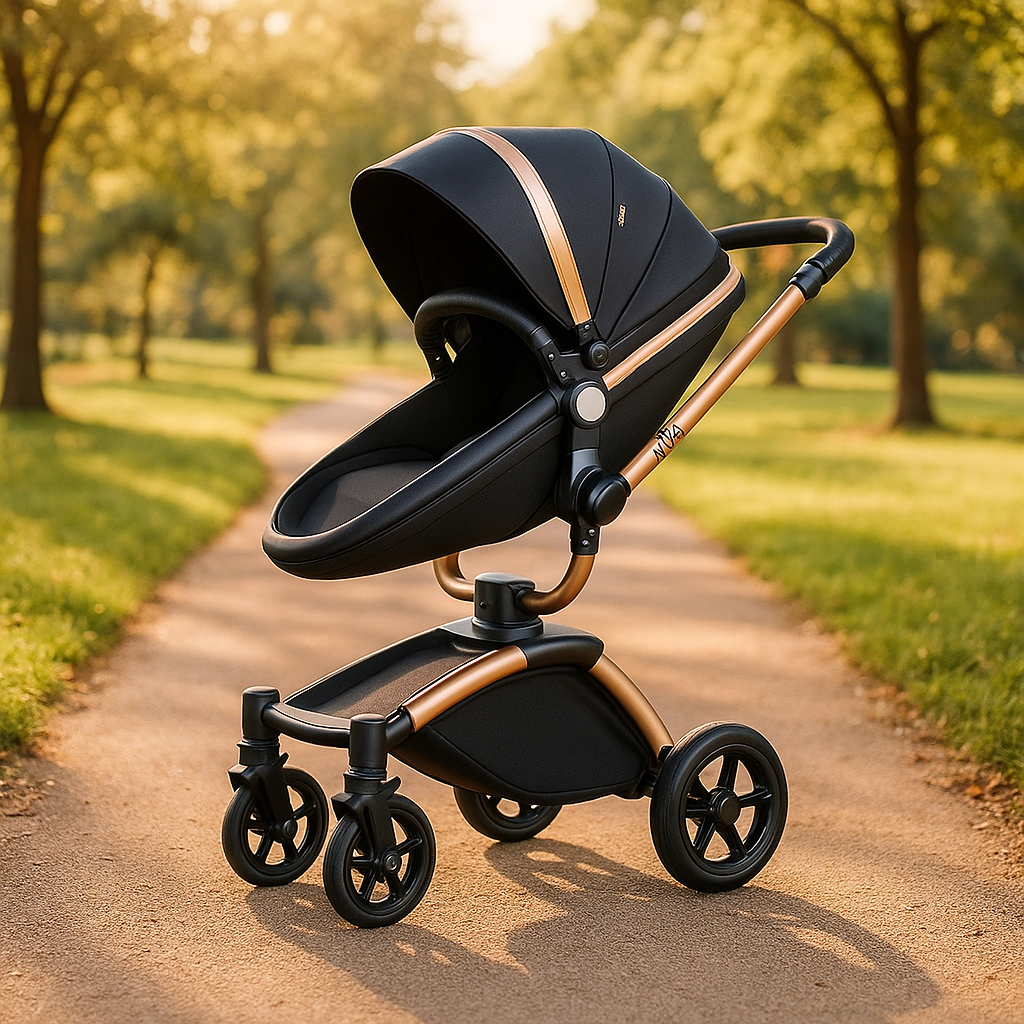 Poussette bébé noire et dorée élégante, placée sur une allée pavée dans un parc verdoyant, sous une lumière naturelle.