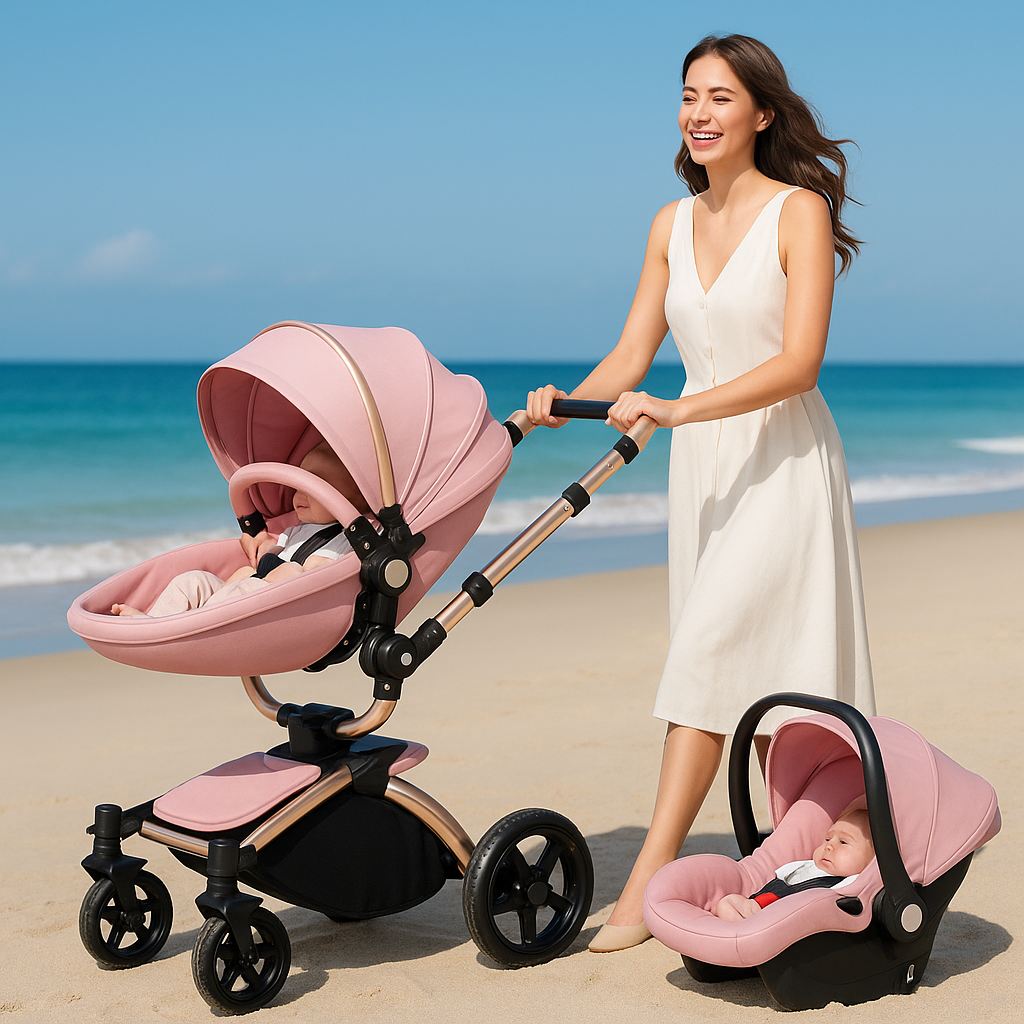 Jeune maman souriante poussant une poussette bébé rose avec son bébé endormi sur une plage ensoleillée, près de la mer.