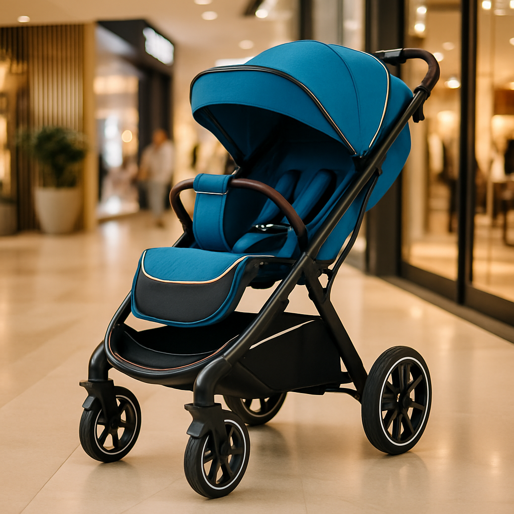 Poussette canne compacte bleue moderne avec châssis noir et poignées en cuir, idéale pour les sorties en ville, design élégant et confortable.