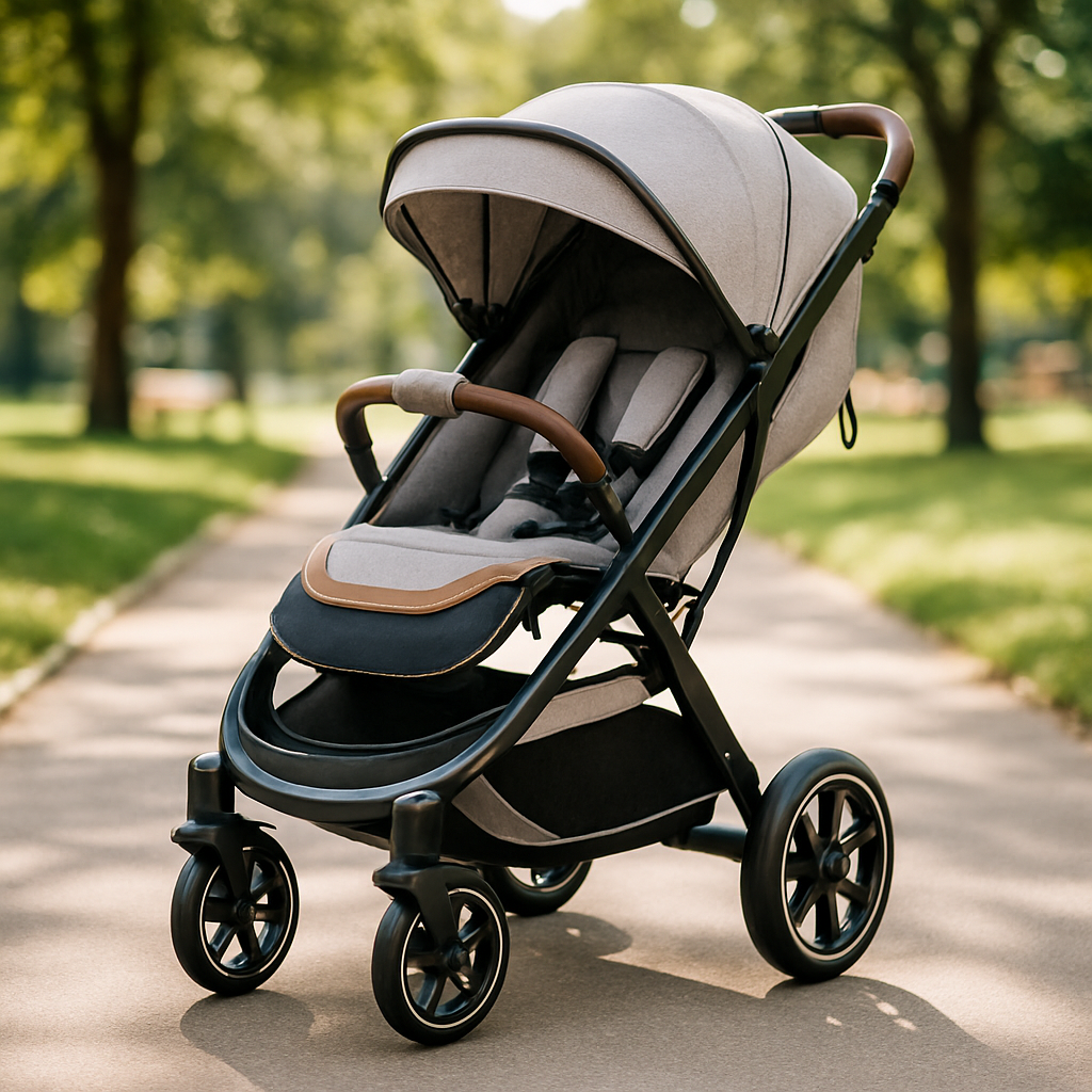 Poussette canne compacte haut de gamme gris clair avec poignées en cuir marron, idéale pour les promenades en ville ou au parc, design moderne et confortable.