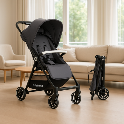 Poussette compact et pliable Babytrend noire, légère et confortable pour bébé et nouveau-né, avec capote et siège inclinable.