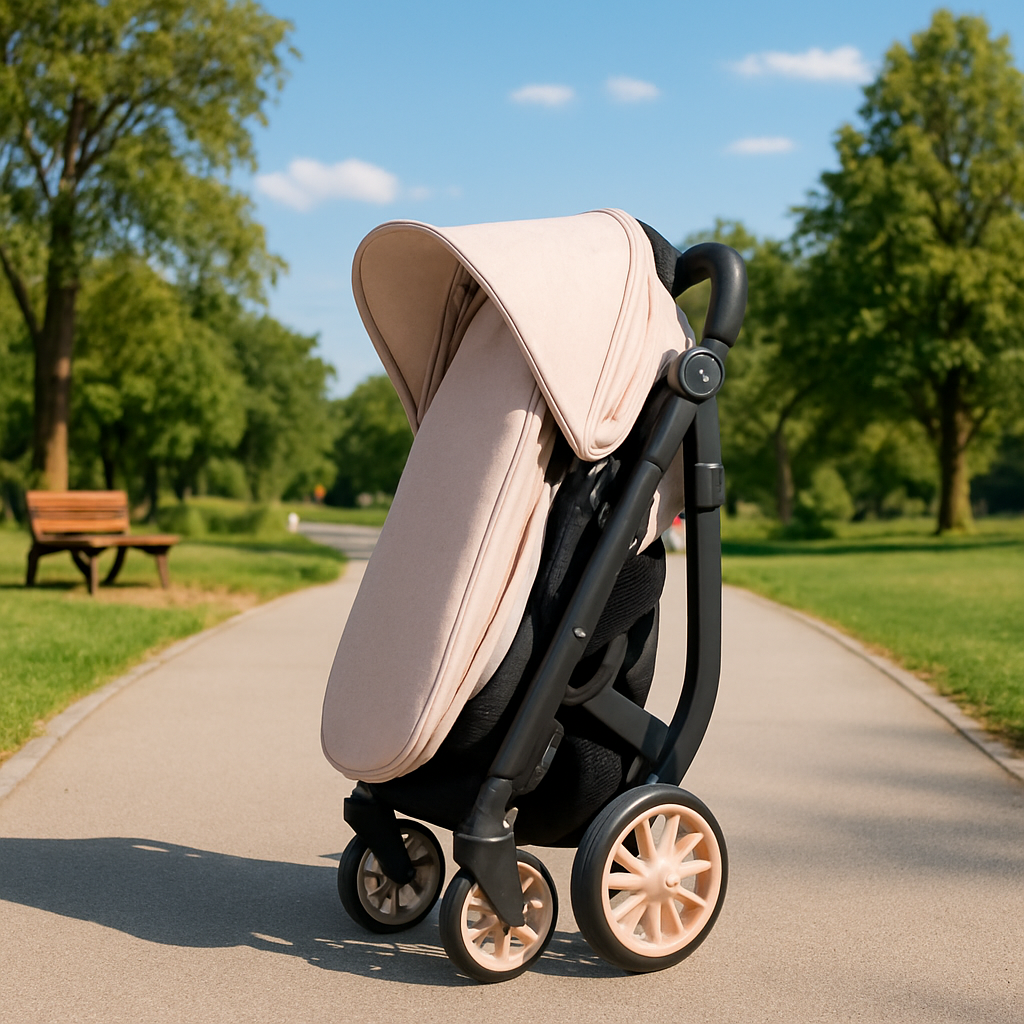 Poussette compact pliable, couleur beige, avec capote pare-soleil, design moderne à quatre roues, idéale pour les promenades au parc.