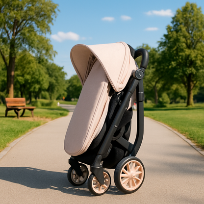 Poussette compact pliable, couleur beige, avec capote pare-soleil, design moderne à quatre roues, idéale pour les promenades au parc.