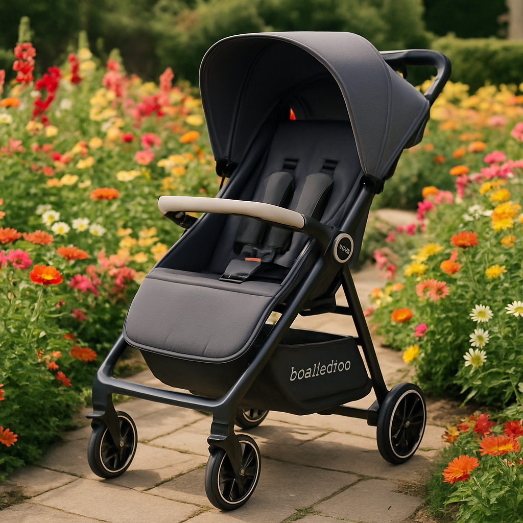 Poussette compact pliable, coloris gris, avec capote pare-soleil et harnais de sécurité, idéale pour les promenades au jardin ou au parc fleuri.