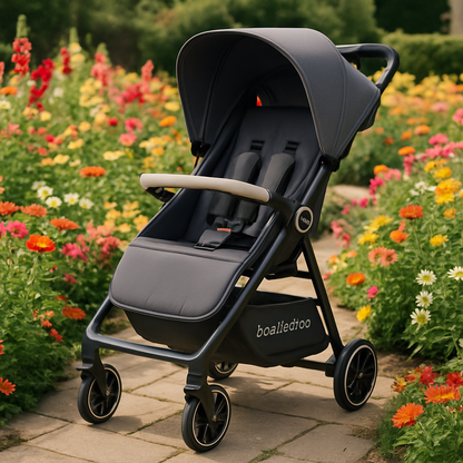 Poussette compact pliable, coloris gris, avec capote pare-soleil et harnais de sécurité, idéale pour les promenades au jardin ou au parc fleuri.
