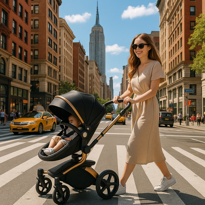 Maman promenant son bébé dans une poussette compacte 3 en 1 haute paysage noire et dorée sur une rue de Manhattan.