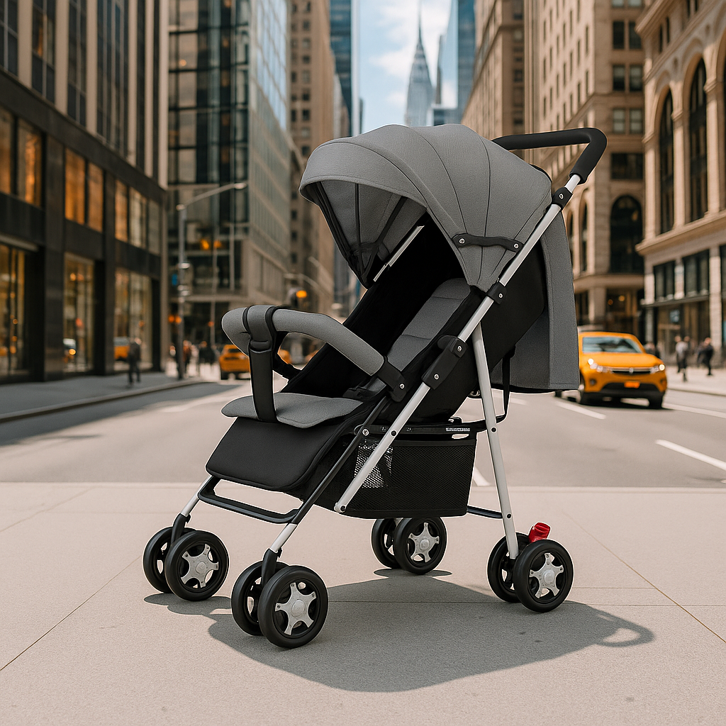 Poussette compacte avion pour bébé, pliable et légère, avec capote pare-soleil anti-UV et panier de rangement spacieux.
