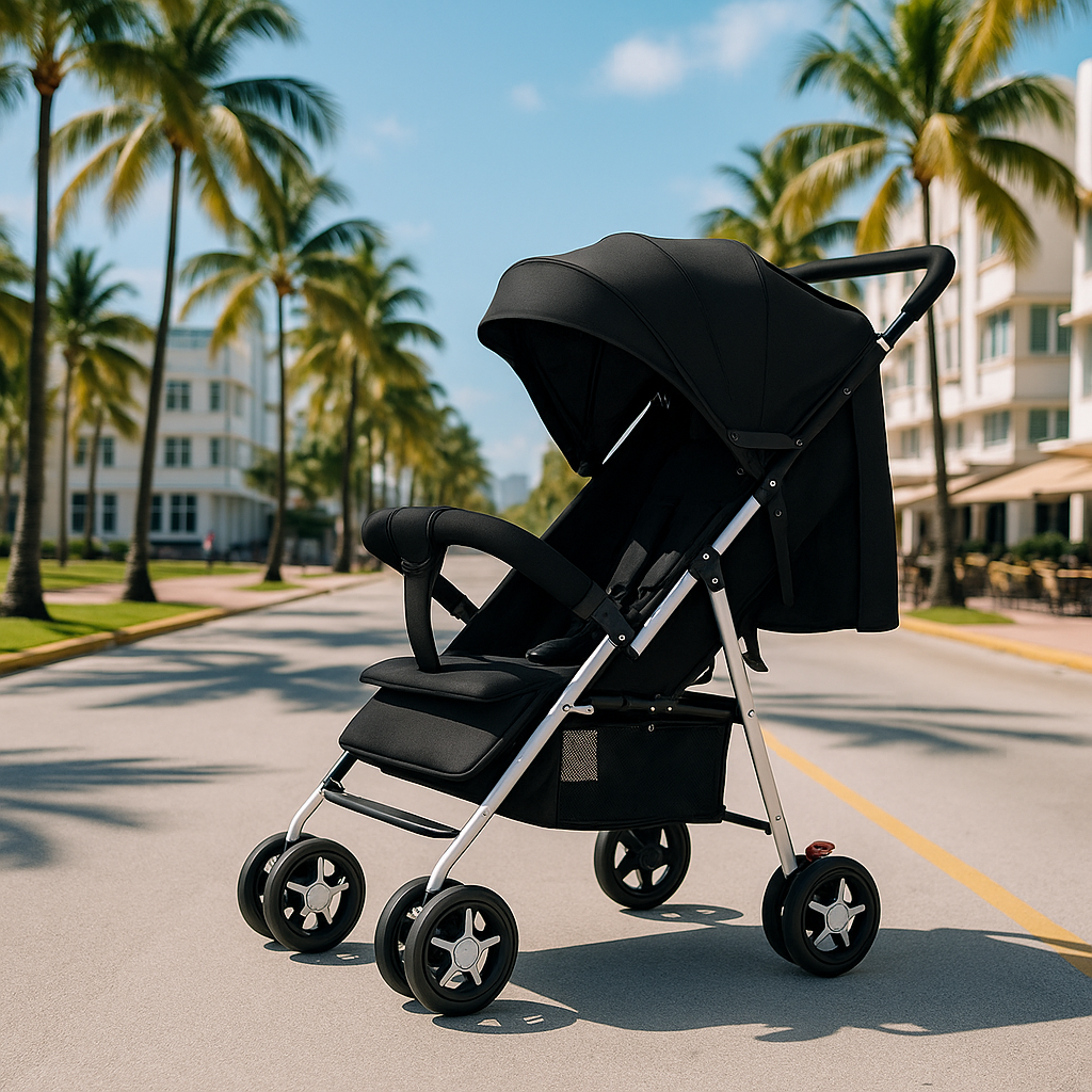 Poussette compacte voyage légère et pliable,  noir, design moderne et confortable avec suspension, capote anti-UV et rangement pratique.