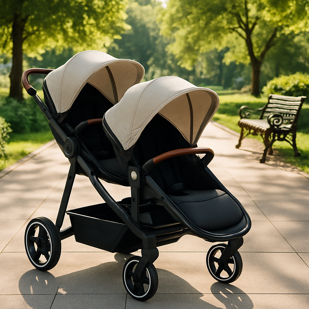 Poussette double compacte beige et noire pour deux bébés, légère, confortable et facile à manœuvrer, idéale pour les promenades quotidiennes.