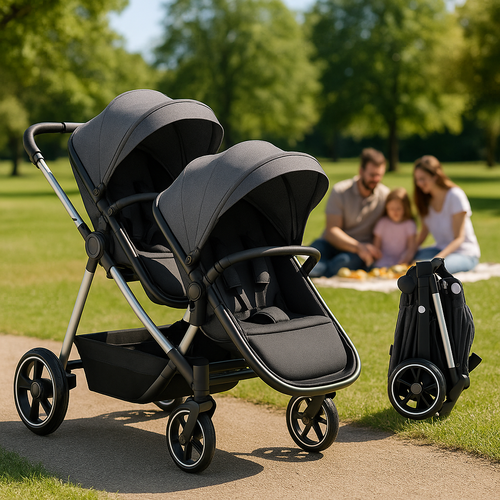 Poussette double compacte légère gris foncé pour bébé, design moderne avec sièges confortables et châssis robuste.