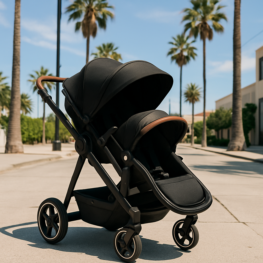 Poussette double compacte noire élégante avec poignées en cuir, design moderne et pliable, idéale pour les promenades urbaines avec deux enfants, offrant confort et maniabilité optimale sur tous types de terrains.