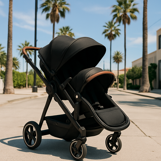 Poussette double compacte noire élégante avec poignées en cuir, design moderne et pliable, idéale pour les promenades urbaines avec deux enfants, offrant confort et maniabilité optimale sur tous types de terrains.