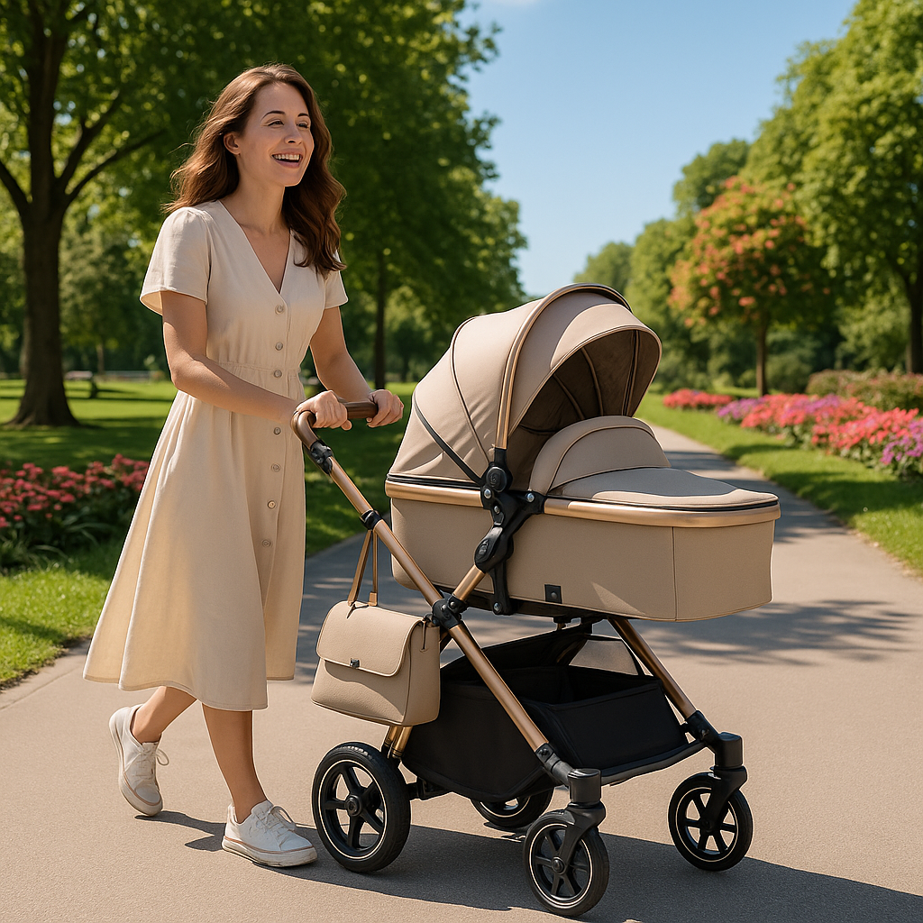 Femme souriante poussant une poussette pliable beige dans un parc verdoyant, design élégant et confortable.