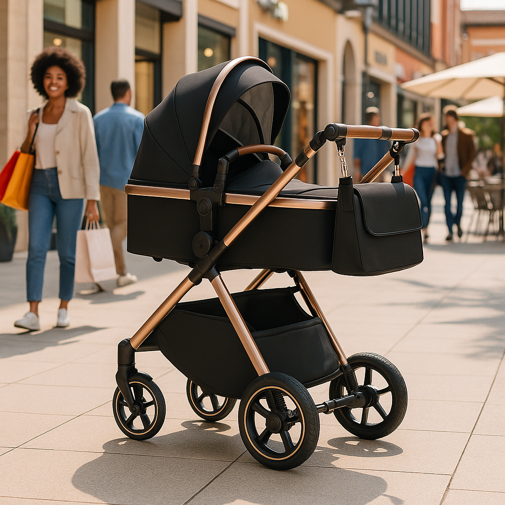 Poussette pliable et multifonctionnelle, châssis doré et design moderne, idéale pour les promenades urbaines.