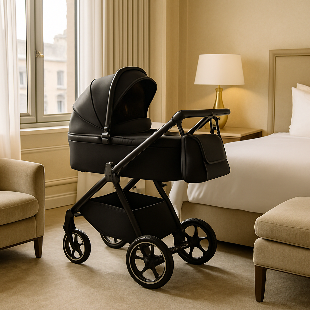 Poussette pliable noire élégante dans une chambre moderne, avec nacelle, grand panier de rangement et sac assorti.