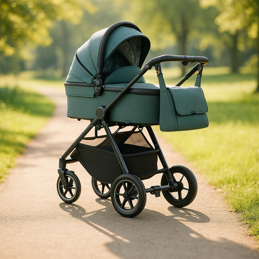 Poussette pliable moderne de couleur verte avec nacelle et sac assorti, posée sur un chemin de parc ensoleillé.