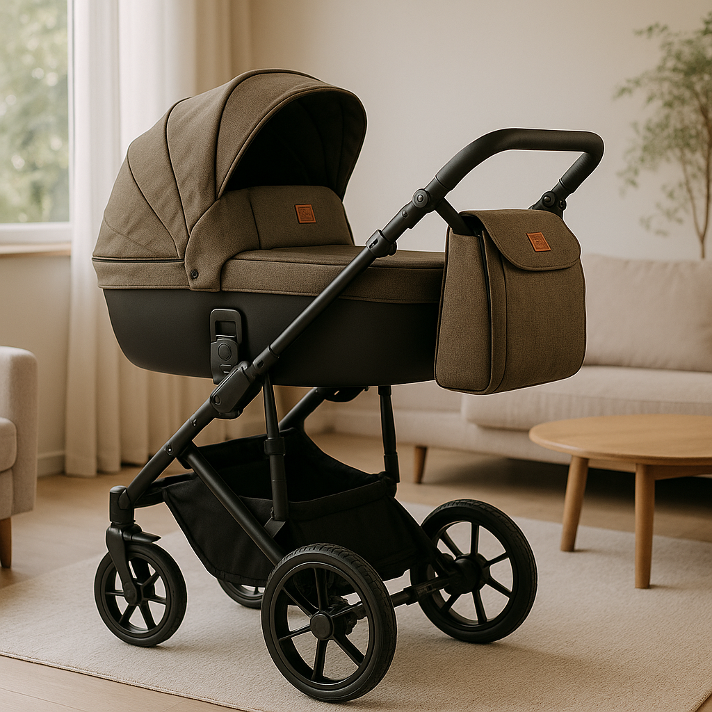 Poussette pour les bébés kaki de luxe avec nacelle et sac assorti, présentée dans un salon moderne et lumineux.