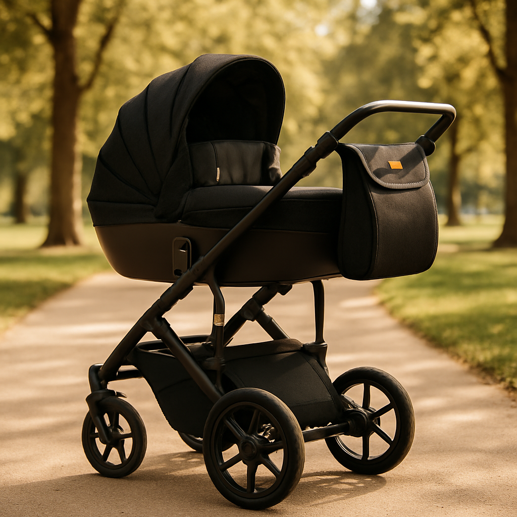 Poussette pour les bébés noire de luxe avec nacelle, sur une allée de parc ensoleillée.