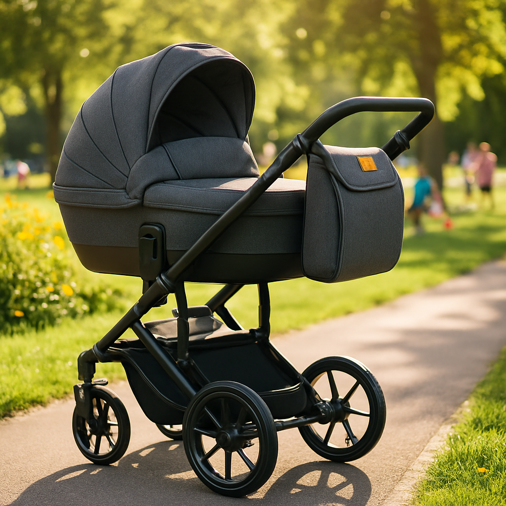 Poussette pour les bébés grise de luxe avec nacelle, placée seule sur une allée de parc verdoyant et ensoleillé.