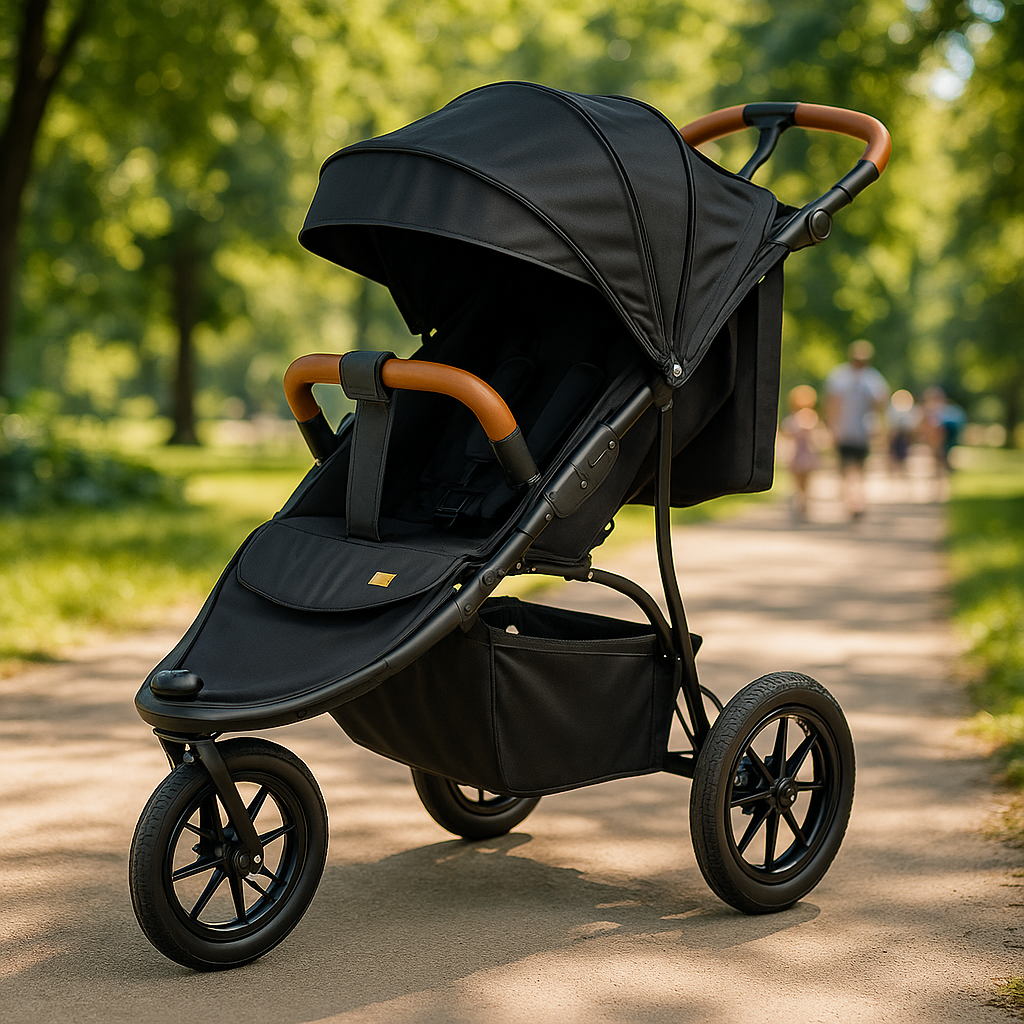 Poussette noire tout-terrain à trois roues avec poignées en cuir marron, idéale pour les promenades au parc, alliant design élégant, confort et maniabilité pour bébé.