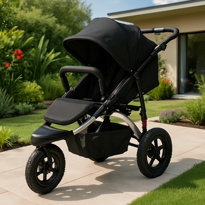 Poussette tout-terrain noire à trois roues avec châssis aluminium, idéale pour les promenades en extérieur, présentée dans un jardin moderne et ensoleillé.