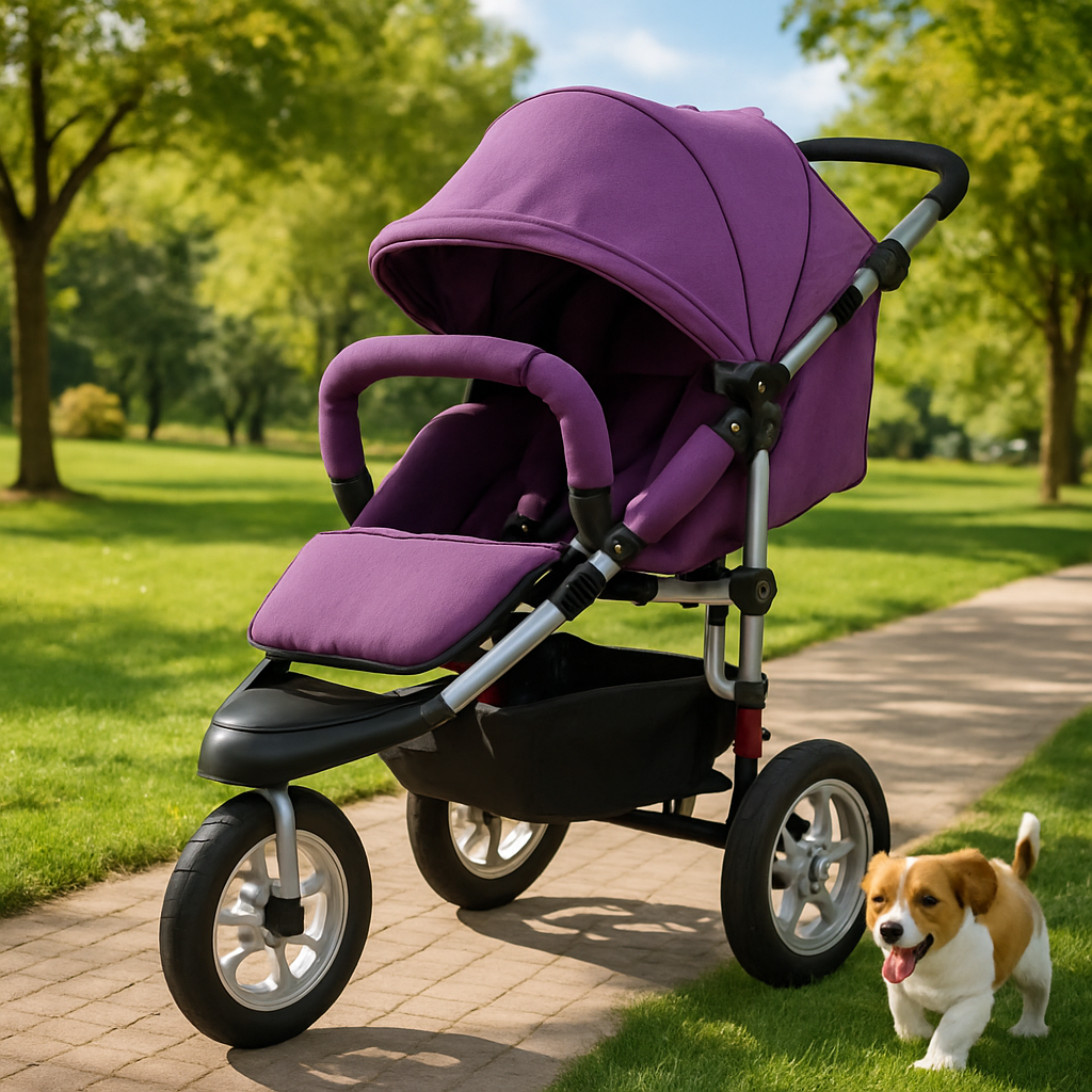 Poussette tout-terrain violette à trois roues avec châssis en aluminium, idéale pour les balades en plein air, présentée dans un parc verdoyant avec un petit chien marchant à côté.