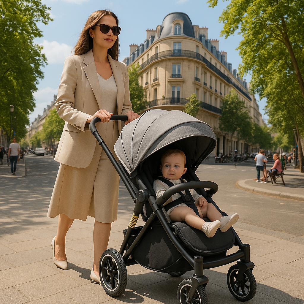 Femme élégante en tailleur beige poussant une poussette ultra compacte grise avec un bébé, dans une rue urbaine bordée d’immeubles et d’arbres par une journée ensoleillée.