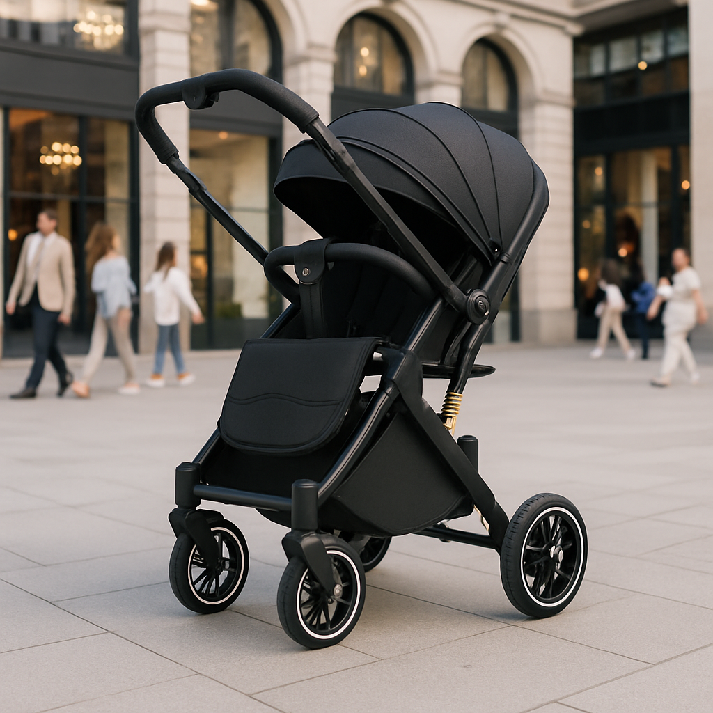 Poussette ultra compacte noire moderne à quatre roues, élégante et robuste, exposée sur une place urbaine devant un bâtiment aux grandes vitrines.