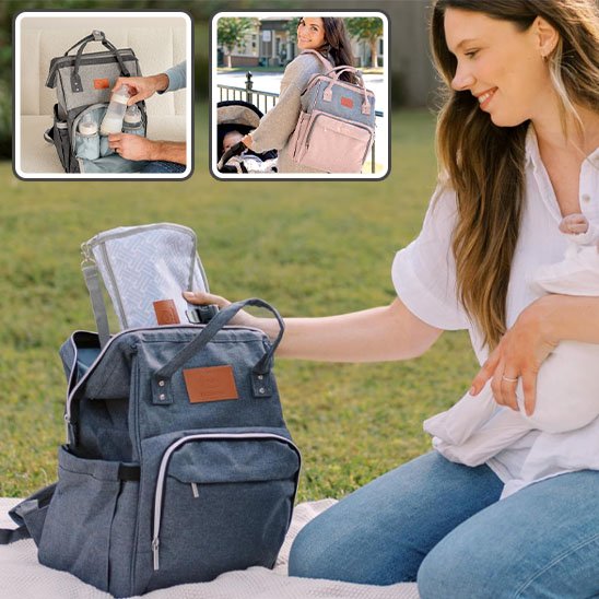 Sac à dos à langer ouvert avec parent s’occupant de bébé.
